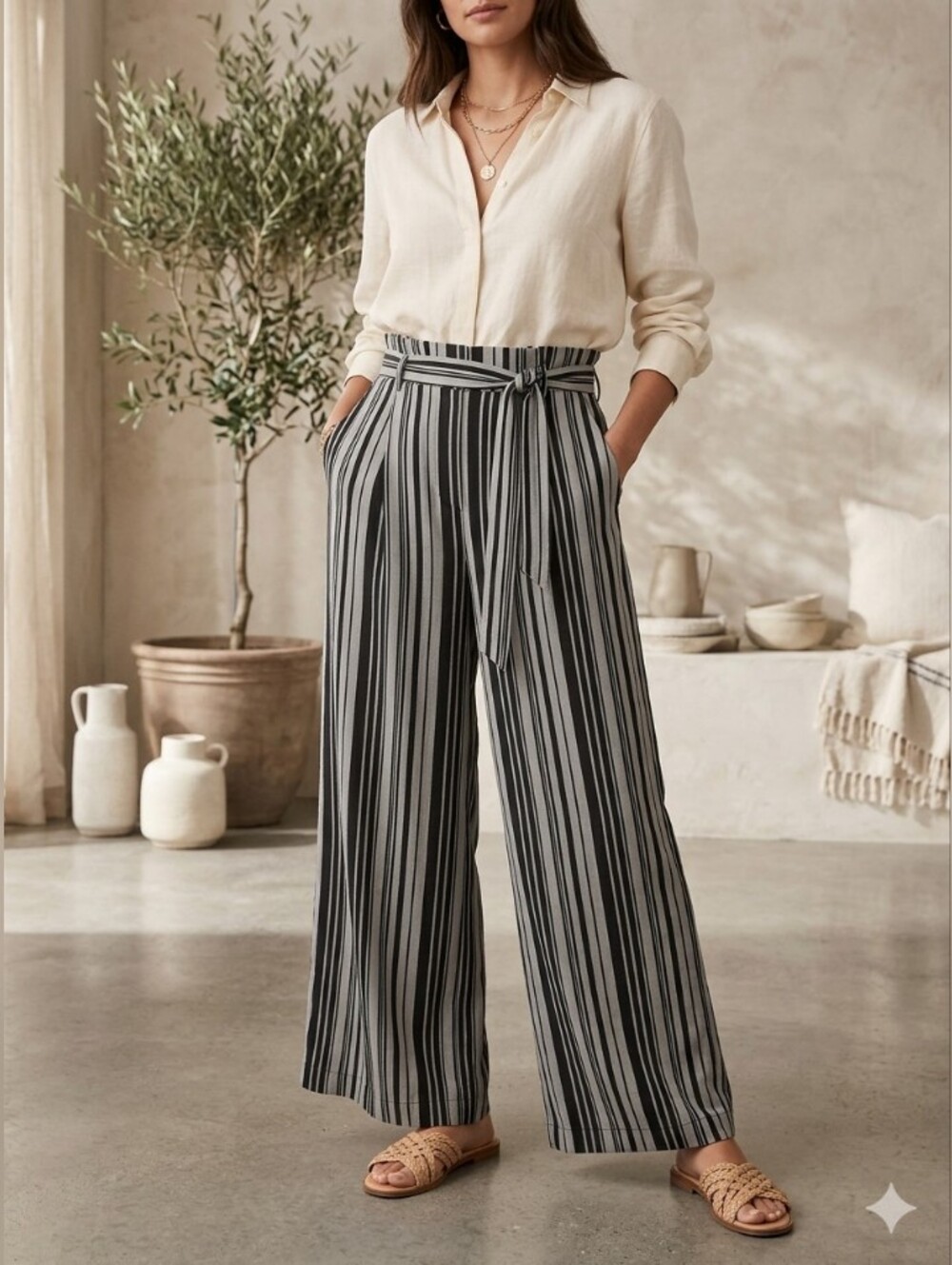 Divided H&M Striped Wide Leg Super High-waisted Cloth Belted Comfort Pants